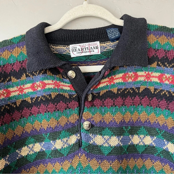 Mens vtg Sweater fair isle Henley collar 90s preppy cottage goblin retro plaid - Picture 6 of 10